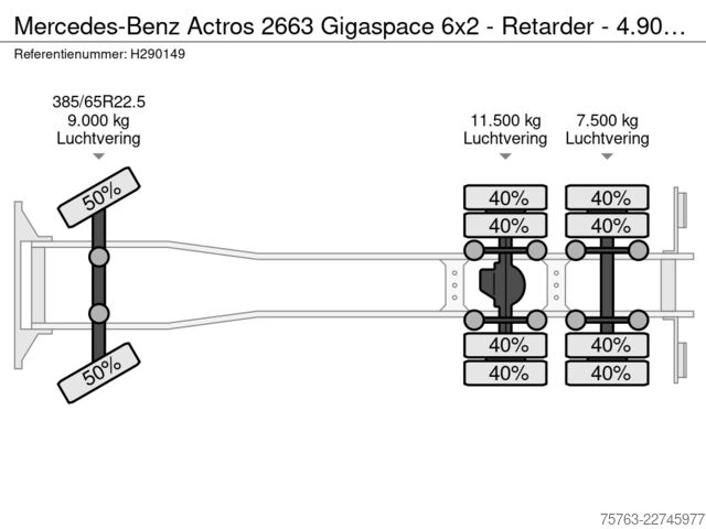 Chassis med førerhus Mercedes-Benz Actros 2663 Gigaspace 6x2 - Retarder - 4.90 WB ...