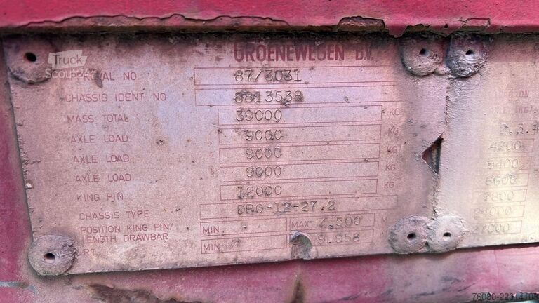 Atrelado da plataforma Groenewegen DRO 12 27 (TAMBOURS / DRUM BRAKES / BELGIAN TRA...