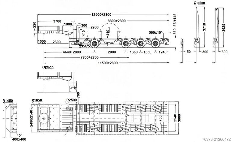 Zema profila puspiekabe Faymonville 4-1+3-Achs-Tele-Semi-Radmulden-Rampen-zg