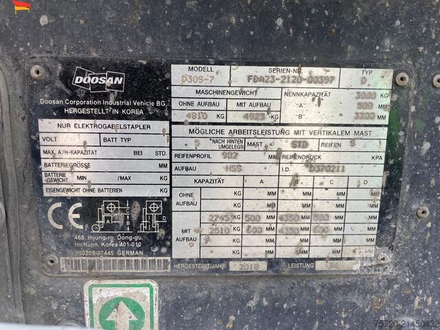 Front loader forklift Doosan D30S-7 3000 Kg Tragkraft | 4350 mm Hubhöhe