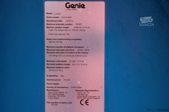 Mafsallı teleskopik çalışma platformu Genie Z34/22 Diesel, 4x4 Drive, 12.6m Working Height, 6.