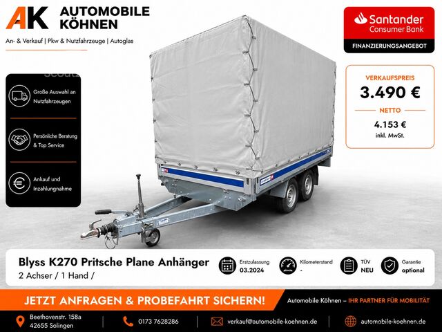 Otvorený príves s plachtou Blyss K270 Pritsche Plane  1 HAND   TÜV NEU