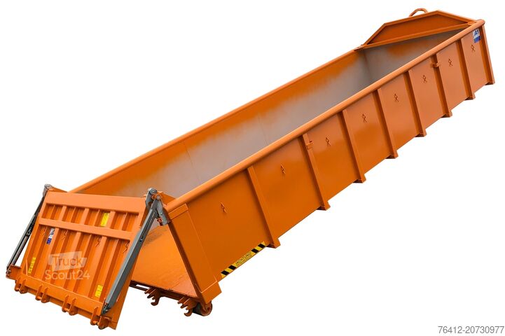 Roll-off container A1 Container Normbehälter 15 m³ - Pendelklappe abklappbar - Zurrösen - RAL 2011 Tieforange - Abrollcontainer