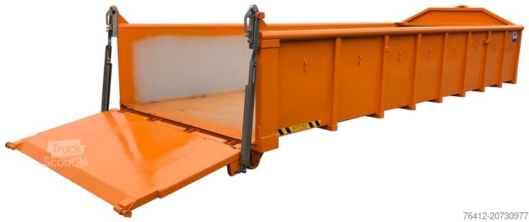Roll-off container A1 Container Normbehälter 15 m³ - Pendelklappe abklappbar - Zurrösen - RAL 2011 Tieforange - Abrollcontainer