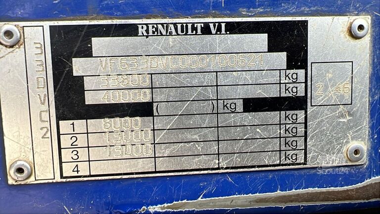 Chassi med hytt Renault Kerax 385 (POMPE MANUELLE / LAMES / GRAND PONT ...