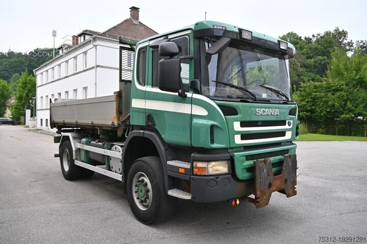 Three-sided tipper truck Scania P380 4x4 Allrad Retarder Blatt AHK E4