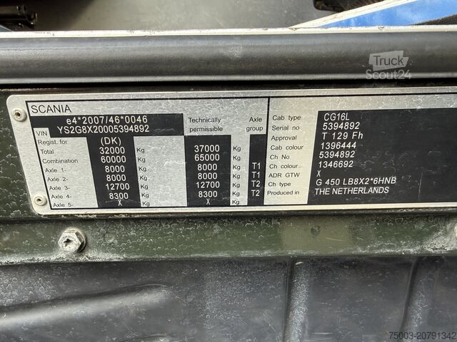 Trijų pusių savivartis sunkvežimis Scania G450 8X2*6 Kipper Kran HMF 2620 K5