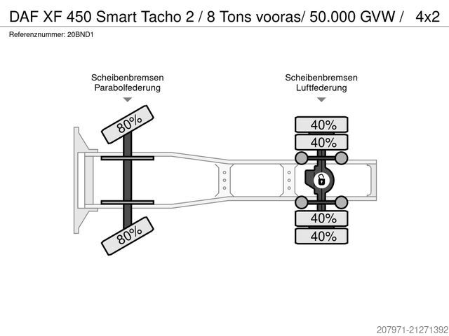 Standard tractor unit DAF XF 450 Smart Tacho 2 / 8 Tons vooras/ 50.000 GVW
