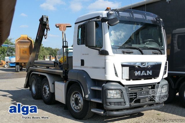 Skip truck MAN 26.460 TGS 6x2, Hiab FTR18, Funk, Vorlauflenk,AC