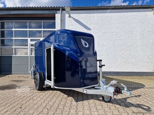 Resväska Cheval Liberté schöner blauer Anhänger aerodynamisch Leichtmetallräder Heckrampe Tür