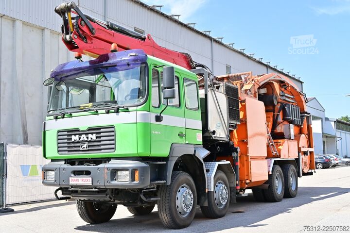 Faházszállító teherautó MAN 41.464  Häcksler + Kran 8x8 Allrad E3