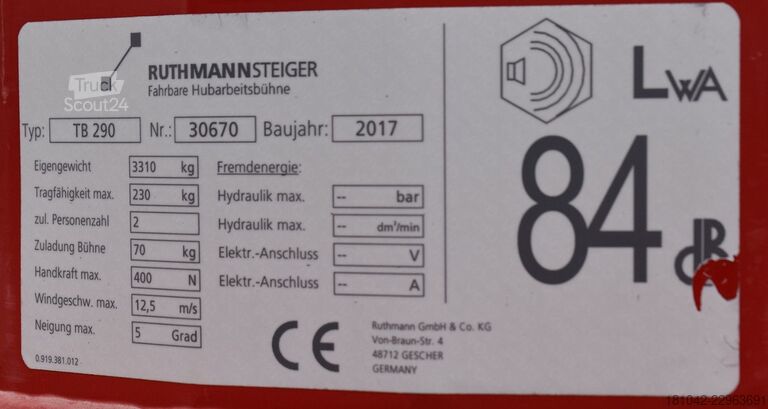 Nákladní pracovní plošina RUTHMANN TB290 (TÜV und UVV neu!)