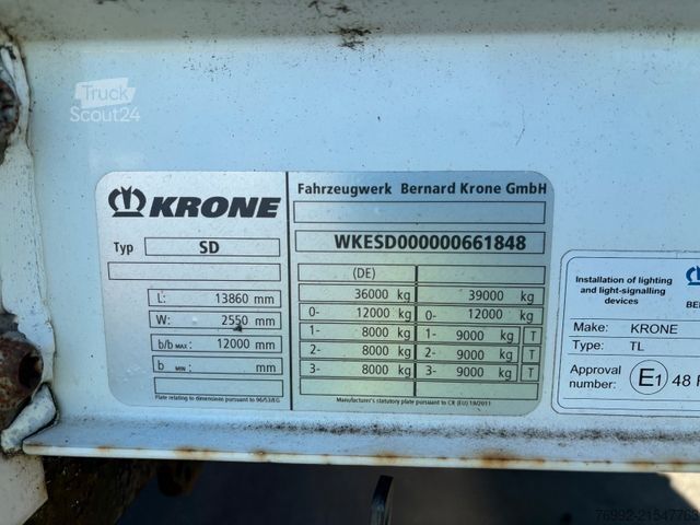 Open semitrailer with tarp KRONE SD Plane+ Lenkachse + Mitnahmestapler