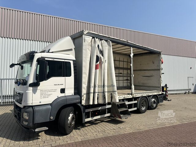 Grue montée sur camion MAN TGS 26.400 6x2-4 LL TGS 26.400 6x2-4 LL, Lenk-/Lift, Edscha, Heckkran Palfinger PK23002-C + Jib PJ060A, Funk