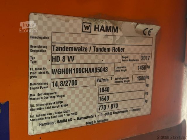 Envalsvält HAMM TANDEM WALZE / ROLLER HD 8 VV KUBOTA KNICKGELENK