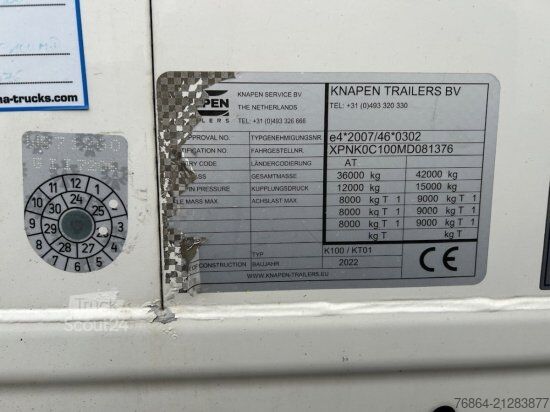 Mozgópadlós félpótkocsi KNAPEN K100/KT01, 10 MM, LIFTACHSE, ROLLPLANE, FUNK