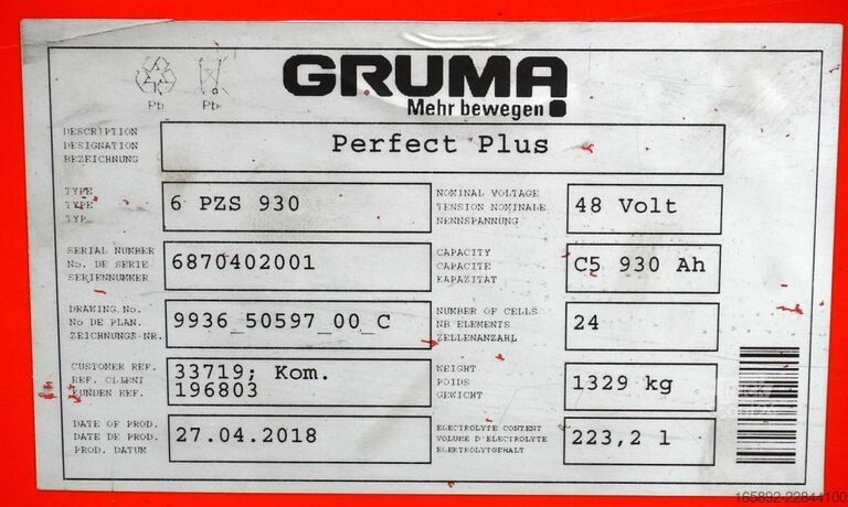 Gaffeltruckbatteri GRUMA 48 Volt 6 PzS 930 Ah