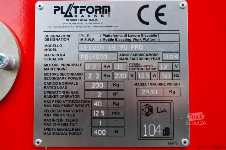 Leddelt teleskopisk arbejdsplatform Platform Basket Spider 18.90 PRO CE Declaration, Valid inspection,