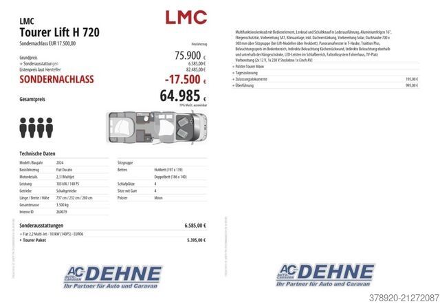Semi-integrated camper LMC Tourer Lift H 720 Sondernachlass EUR 17.500,00