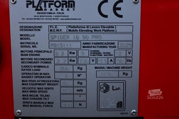 Leddelt teleskopisk arbejdsplatform Platform Basket Spider 18.90 PRO CE Declaration, Valid inspection,