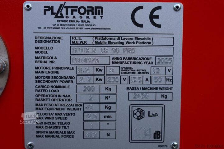 Leddelt teleskopisk arbejdsplatform Platform Basket Spider 18.90 PRO CE Declaration, Valid inspection,