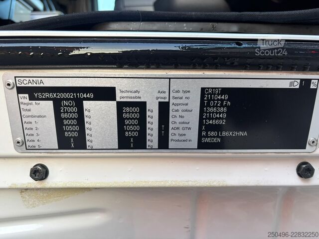 Кабина шасси Scania R 580 6x2 9 TON FRONT AXLE / RETARDER / DOUBLE ...