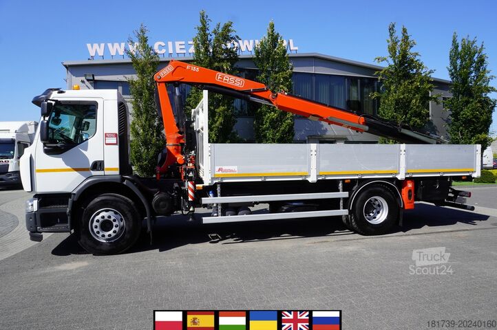 Plokščia platforma sunkvežimis su kranu Renault C280 DTI 8 / FASSI crane 5.6T / range 8m