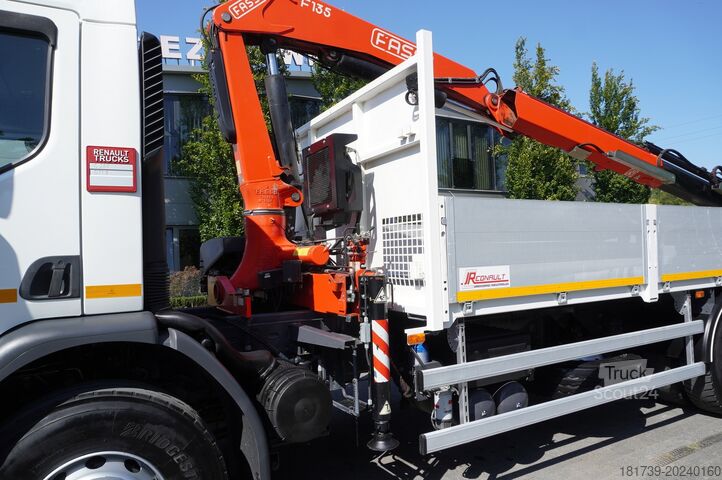 Plokščia platforma sunkvežimis su kranu Renault C280 DTI 8 / FASSI crane 5.6T / range 8m