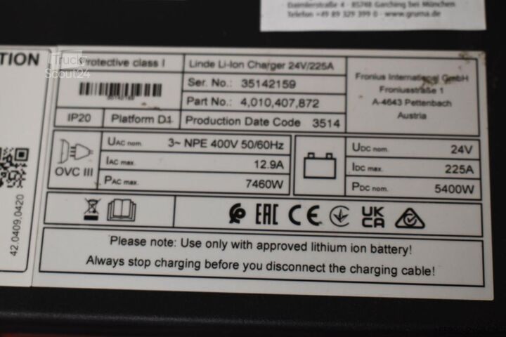 Baterie vysokozdvižného vozíku LINDE Li-Ion Charger 24V/225A