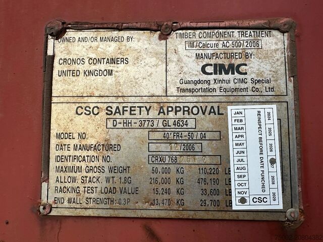 Plokštieji konteineriai CIMC 40FT FLATRACK FLUSH FOLDING / CSC: 10/2027 / 10...