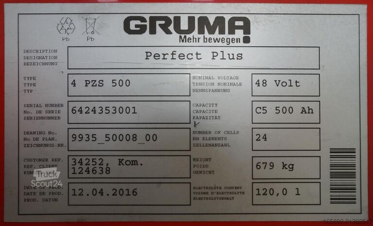 Gaffeltruckbatteri GRUMA 48 Volt 4 PzS 500 Ah