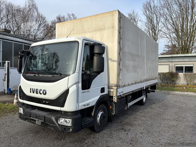 Truck with flatbed, tarpaulin cover, and tail lift Iveco Eurocargo 75-160 Pritsche Plane LBW