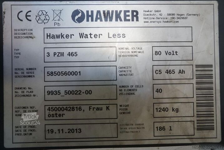 Batería de carretilla elevadora HAWKER 80 Volt 3 PZM 465 Ah