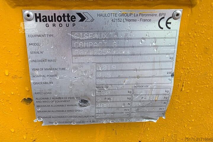 Saxlift Haulotte Compact 8 As-Is, Electric, 8m Working Height, 350k