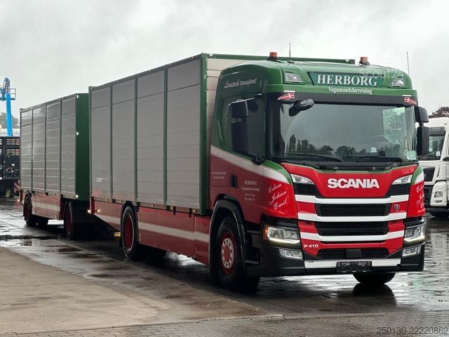 Sığır taşıma kamyonu SCANIA P410 4x2LL HFR 1.Stock Viehzug/NAVI/KLIMA/ALU