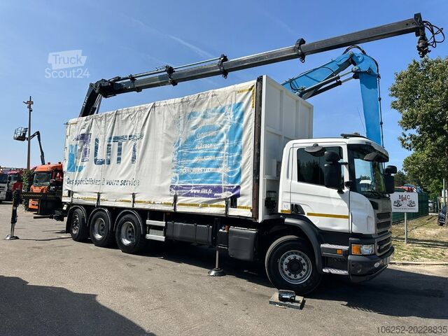 Bīdāmais tents Scania P410 8x4 TRIDEM PRITSCHE PLANE + KRAN HIAB 244 ...
