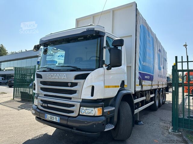 Bīdāmais tents Scania P410 8x4 TRIDEM PRITSCHE PLANE + KRAN HIAB 244 ...