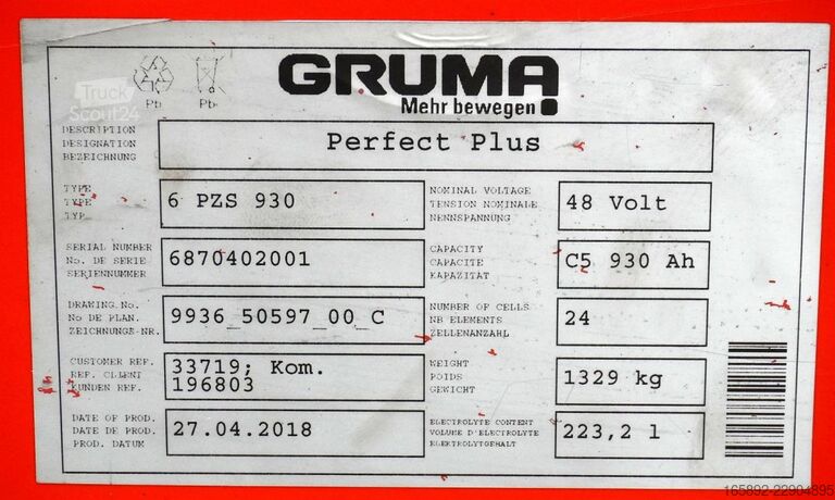 Gaffeltruckbatteri GRUMA 48 Volt 6 PzS 930 Ah
