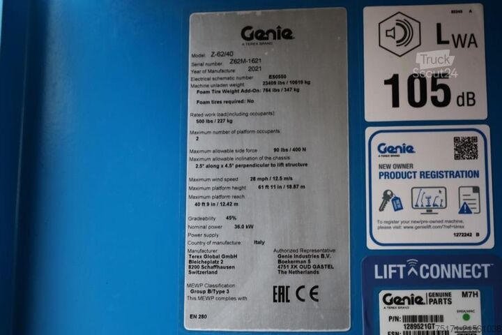 Kloubová teleskopická pracovní plošina Genie Z62/40 Diesel, 4x4 Drive, 21m Working Height, 12.5