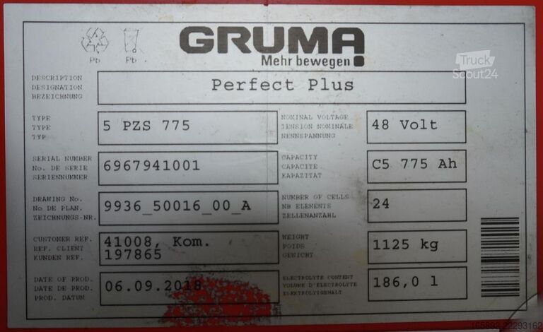 Baterija za viličarja GRUMA 48 Volt 5 PzS 775 Ah