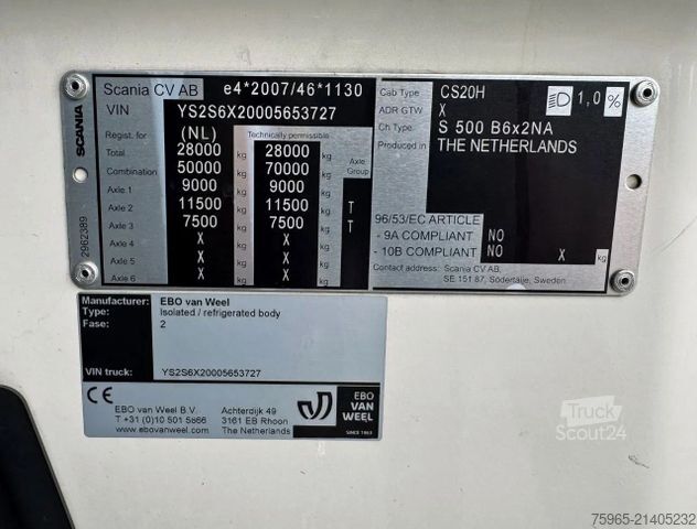 Koelwagen SCANIA S500 6X2 RETARDER 50 CC COMBI 2x TAILLIFT TOP CO