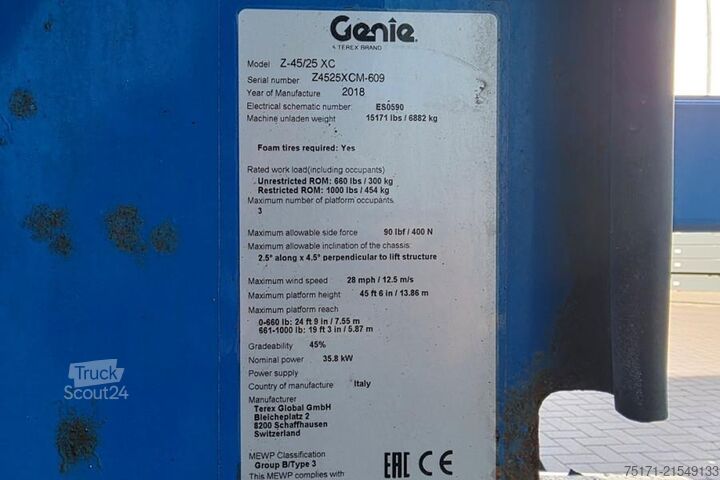 Plate-forme de travail télescopique articulée Genie Z45/25 XC Diesel, 4x4 Drive, 16m Working Height, 7