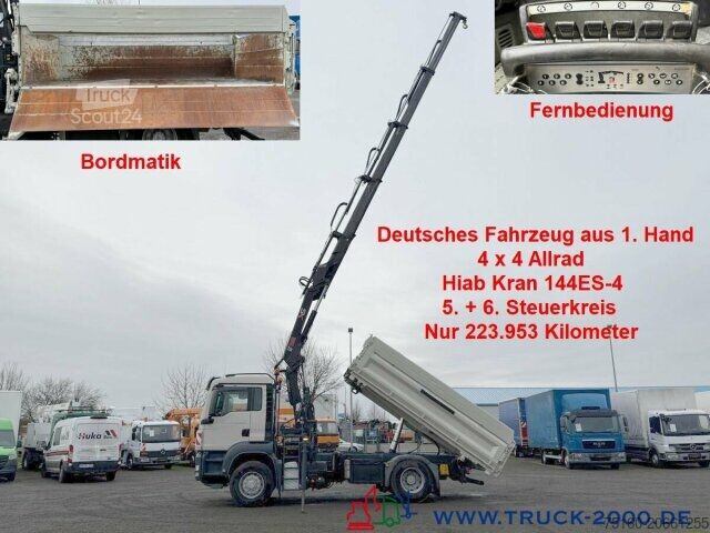 Трехсторонний самосвал MAN 18.320 4x4 H Hiab144 15mHöhe Bordmatik Greiferst