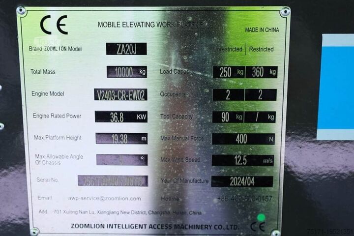 Piattaforma di lavoro telescopica articolata Zoomlion ZA20J NEW / UNUSED, Valid Inspection, *Guarantee!