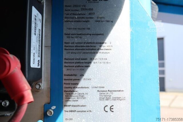 Ledad teleskopisk arbetsplattform Genie Z60/37FE Valid Inspection, *Guarantee! Hybrid, 4x4