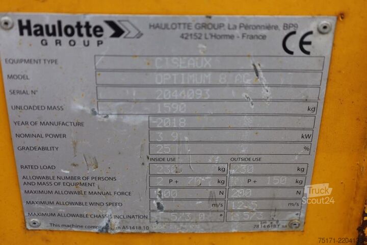 Makaslı kaldırma Haulotte Optimum 8 As-Is, Electric, 7.77m Working Height, 2