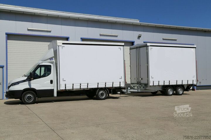 Aizkaru sānu furgons IVECO Daily  Durchladezug mit Anhänger Planenaufbau