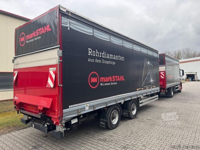 Camion cu platformă și prelată MERCEDES-BENZ 1843 LL Schiebeplane Edscha LBW 1,5t  + Anhänger