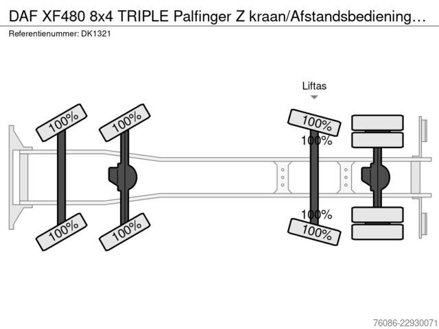 Containertransport (haakarmsysteem) DAF XF480 8x4 TRIPLE Palfinger Z kraan/Afstandsbedi...