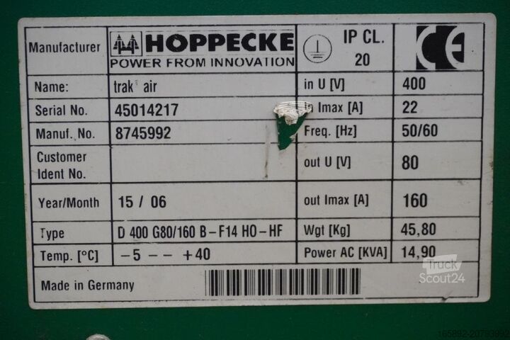 Forklift battery HOPPECKE trak air D 400 G80/160 B-F14 H0-HF